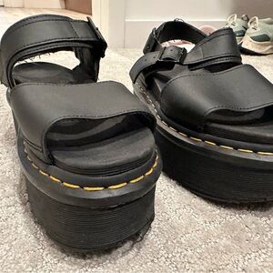 Dr. Martens Black Platform Sandals with Yellow Stitching